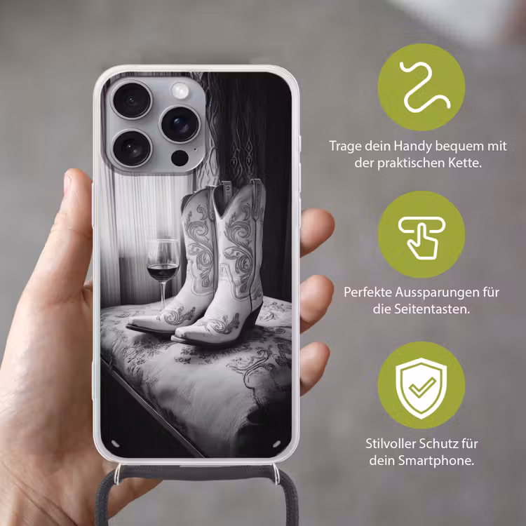Wijn - Cowboylaarzen - Raamlicht - Wit Hoesje iPhone 16 Pro Max met koord klein -sfeer2_DE