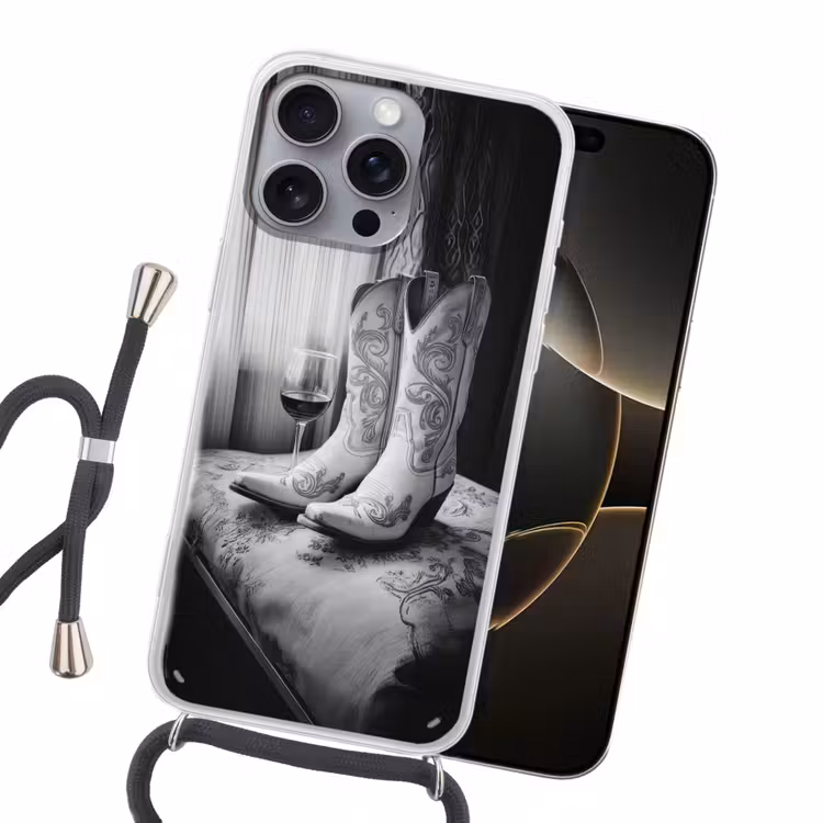 Wijn - Cowboylaarzen - Raamlicht - Wit Hoesje iPhone 16 Pro Max met koord klein -sfeer1