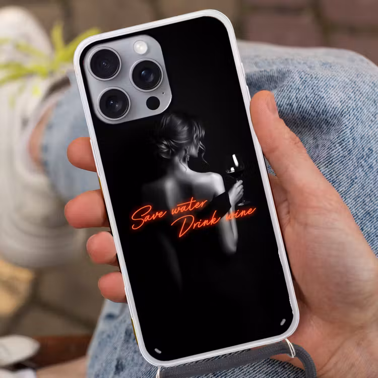 Wijn - Vrouw - Neon - Quote Hoesje iPhone 16 Pro Max met koord klein -sfeer3