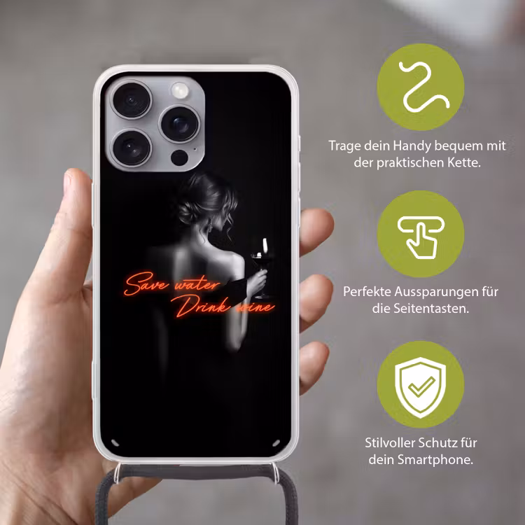 Wijn - Vrouw - Neon - Quote Hoesje iPhone 16 Pro Max met koord klein -sfeer2_DE