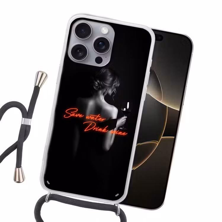 Wijn - Vrouw - Neon - Quote Hoesje iPhone 16 Pro Max met koord klein -sfeer1
