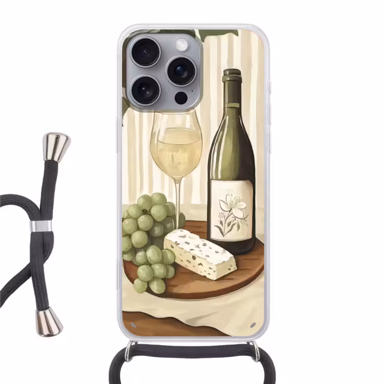 Wijn - Druiven - Kaas - Bladeren Hoesje iPhone 16 Pro Max met koord klein -3d