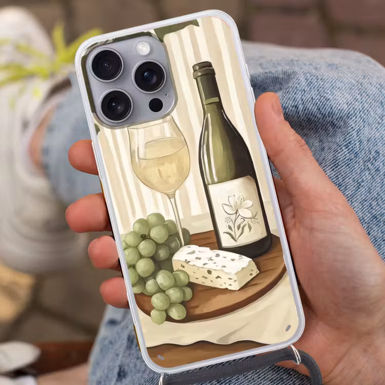 Wijn - Druiven - Kaas - Bladeren Hoesje iPhone 16 Pro Max met koord klein -sfeer3