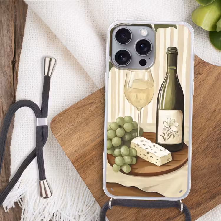 Wijn - Druiven - Kaas - Bladeren Hoesje iPhone 16 Pro Max met koord klein -sfeer4