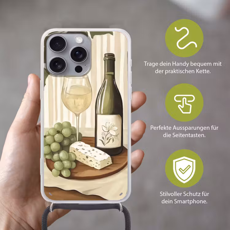 Wijn - Druiven - Kaas - Bladeren Hoesje iPhone 16 Pro Max met koord klein -sfeer2_DE