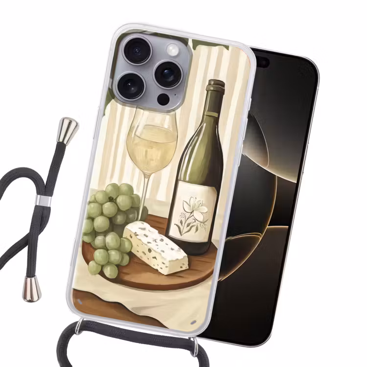 Wijn - Druiven - Kaas - Bladeren Hoesje iPhone 16 Pro Max met koord klein -sfeer1