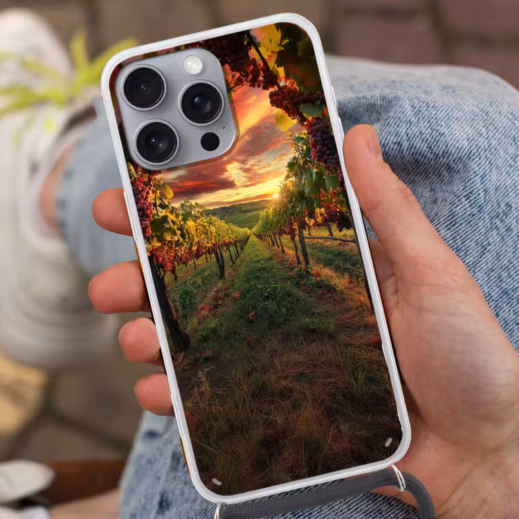Wijngaard - Druiven - Zonsondergang Hoesje iPhone 16 Pro Max met koord klein -sfeer3