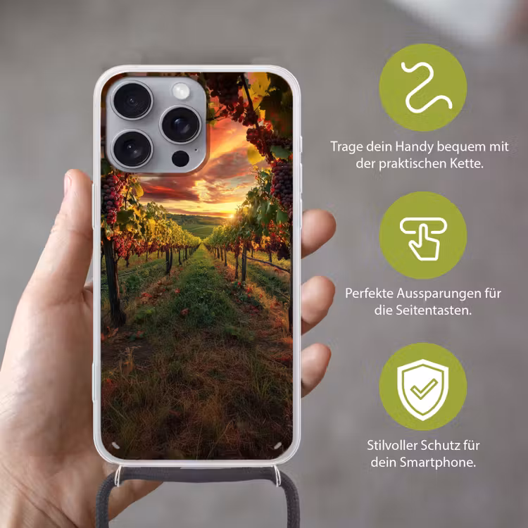 Wijngaard - Druiven - Zonsondergang Hoesje iPhone 16 Pro Max met koord klein -sfeer2_DE