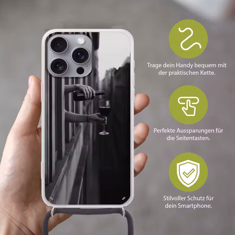 Wijnfles - Glas - Handen - Raam Hoesje iPhone 16 Pro Max met koord klein -sfeer2_DE