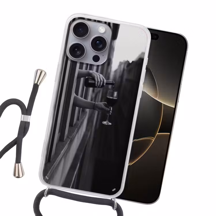 Wijnfles - Glas - Handen - Raam Hoesje iPhone 16 Pro Max met koord klein -sfeer1