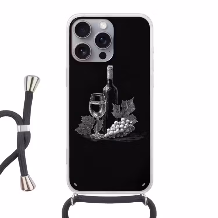Wijnfles - Glas - Druiven - Bladeren Hoesje iPhone 16 Pro Max met koord klein -3d