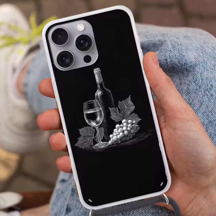 Wijnfles - Glas - Druiven - Bladeren Hoesje iPhone 16 Pro Max met koord klein -sfeer3