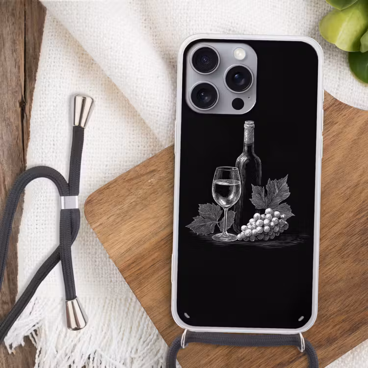 Wijnfles - Glas - Druiven - Bladeren Hoesje iPhone 16 Pro Max met koord klein -sfeer4