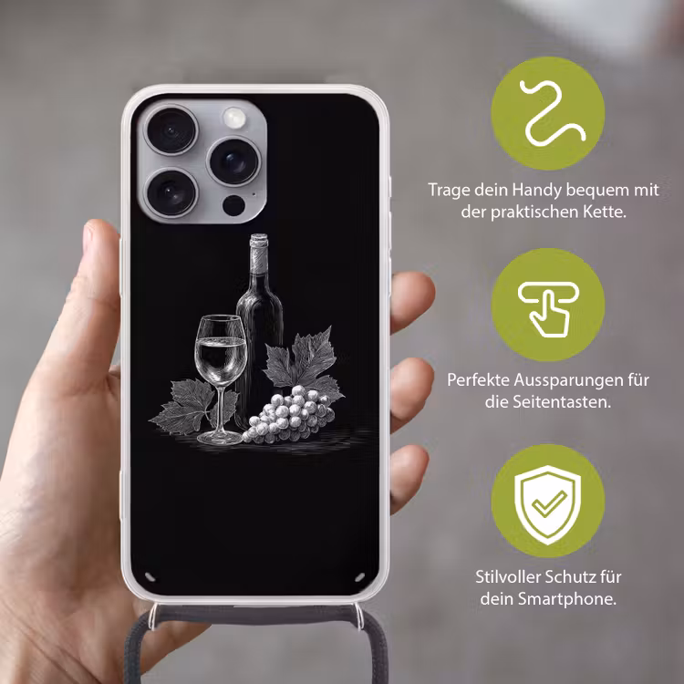 Wijnfles - Glas - Druiven - Bladeren Hoesje iPhone 16 Pro Max met koord klein -sfeer2_DE
