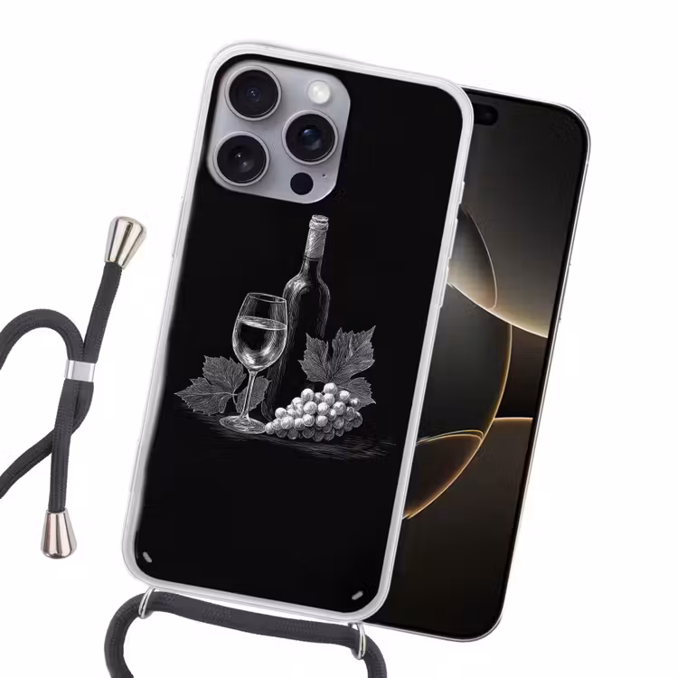 Wijnfles - Glas - Druiven - Bladeren Hoesje iPhone 16 Pro Max met koord klein -sfeer1