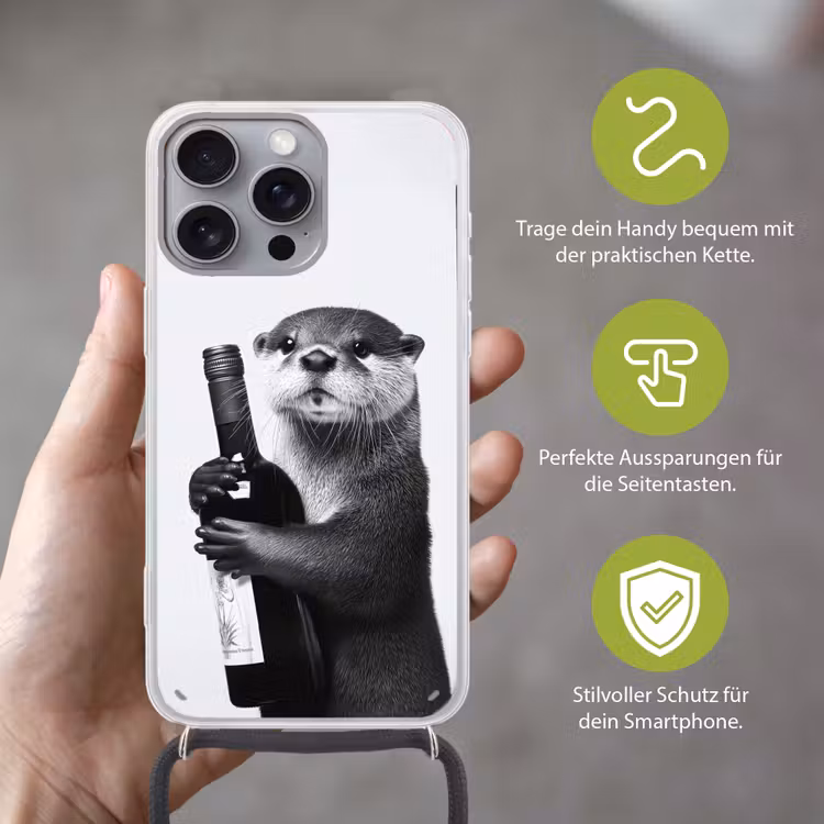 Wijnfles - Otter - Zwart Hoesje iPhone 16 Pro Max met koord klein -sfeer2_DE