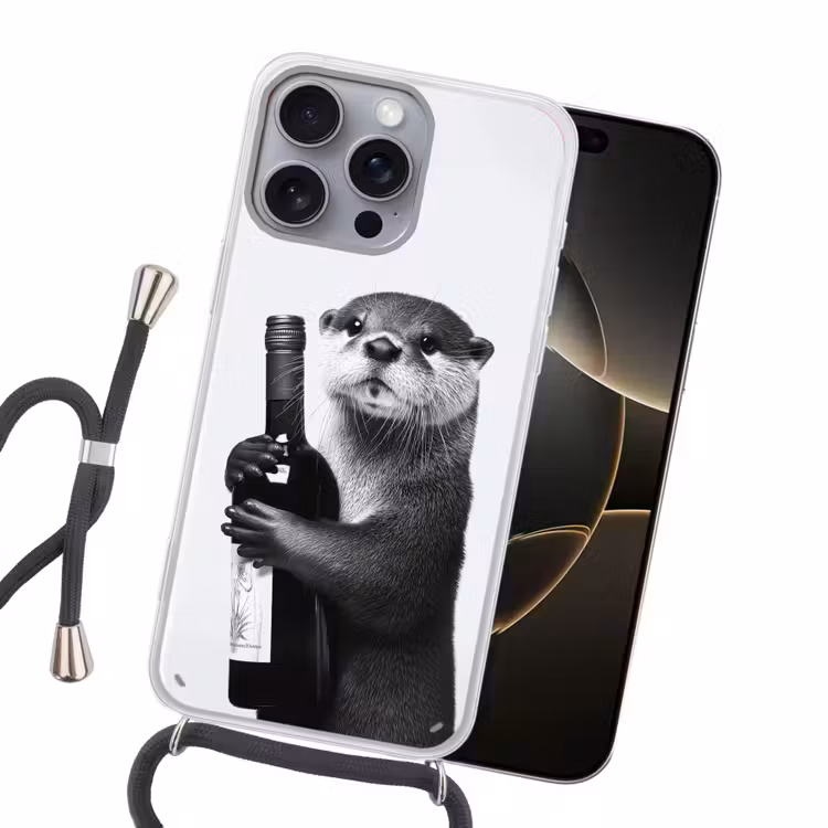 Wijnfles - Otter - Zwart Hoesje iPhone 16 Pro Max met koord klein -sfeer1
