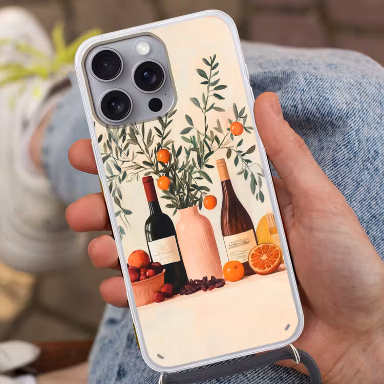 Wijnflessen - Takken - Sinaasappels Hoesje iPhone 16 Pro Max met koord klein -sfeer3