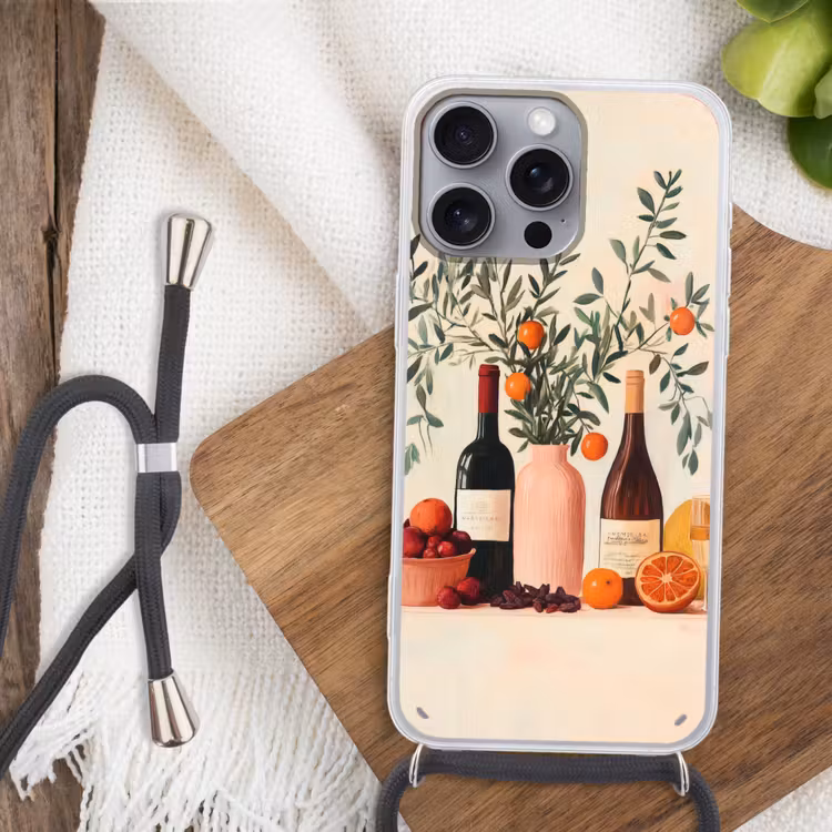 Wijnflessen - Takken - Sinaasappels Hoesje iPhone 16 Pro Max met koord klein -sfeer4