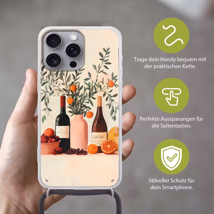Wijnflessen - Takken - Sinaasappels Hoesje iPhone 16 Pro Max met koord klein -sfeer2_DE