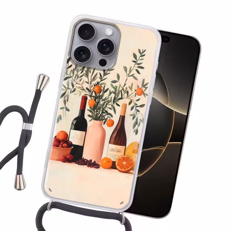 Wijnflessen - Takken - Sinaasappels Hoesje iPhone 16 Pro Max met koord klein -sfeer1