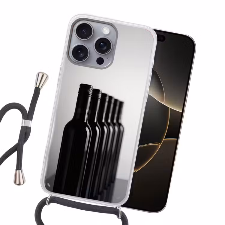 Wijnflessen - Zwart - Minimalistisch Hoesje iPhone 16 Pro Max met koord klein -sfeer1