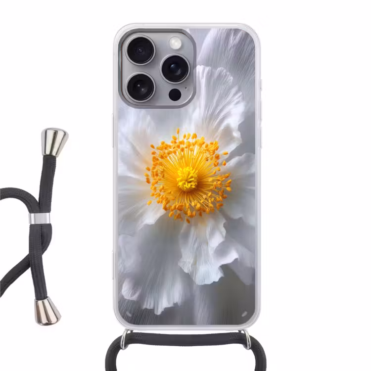 Wit - Bloem - Elegant Hoesje iPhone 16 Pro Max met koord klein -3d