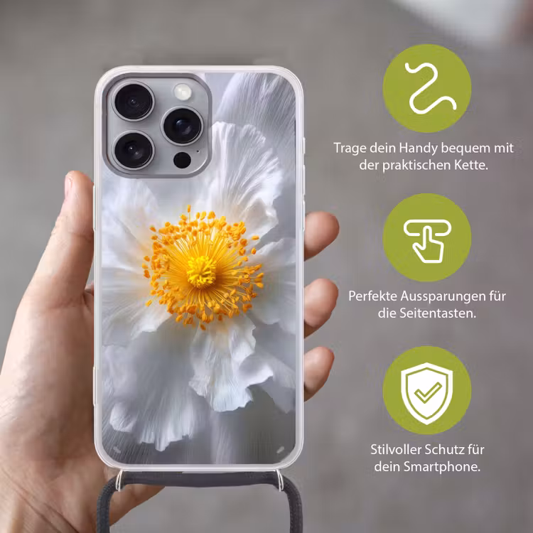Wit - Bloem - Elegant Hoesje iPhone 16 Pro Max met koord klein -sfeer2_DE