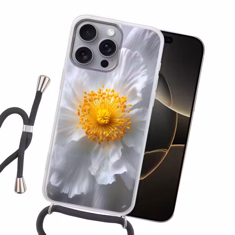 Wit - Bloem - Elegant Hoesje iPhone 16 Pro Max met koord klein -sfeer1