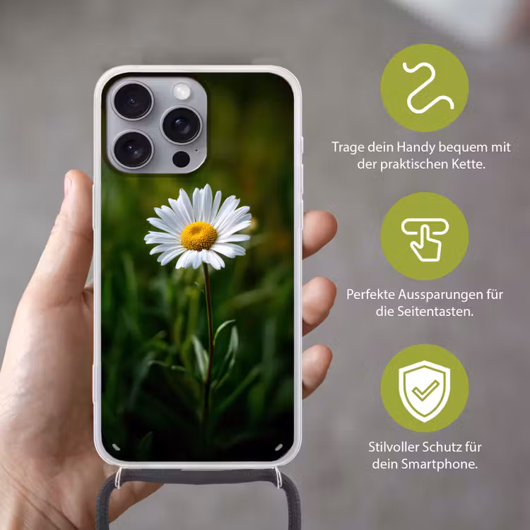 Wit - Madeliefje - Bloem - Gras Hoesje iPhone 16 Pro Max met koord klein -sfeer2_DE