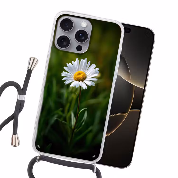 Wit - Madeliefje - Bloem - Gras Hoesje iPhone 16 Pro Max met koord klein -sfeer1