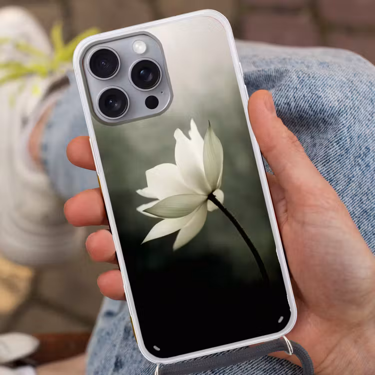 Wit - Lotus - Donker - Bloem Hoesje iPhone 16 Pro Max met koord klein -sfeer3