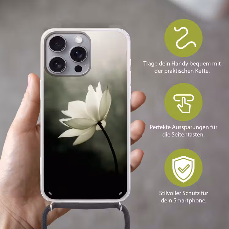 Wit - Lotus - Donker - Bloem Hoesje iPhone 16 Pro Max met koord klein -sfeer2_DE