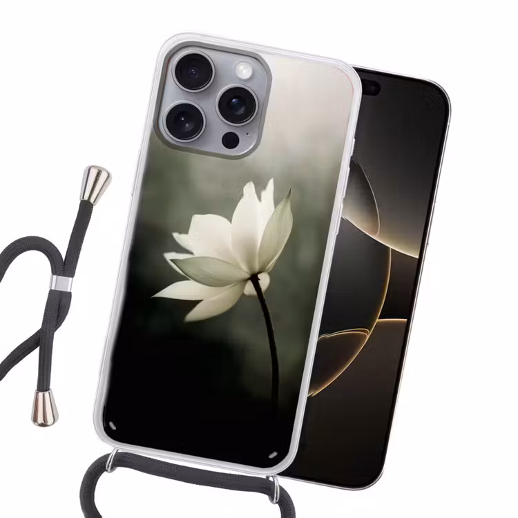 Wit - Lotus - Donker - Bloem Hoesje iPhone 16 Pro Max met koord klein -sfeer1