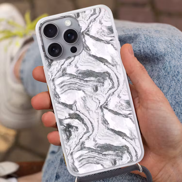 Wit - Marmer - Golvend - Grafiet Hoesje iPhone 16 Pro Max met koord klein 804 -sfeer3