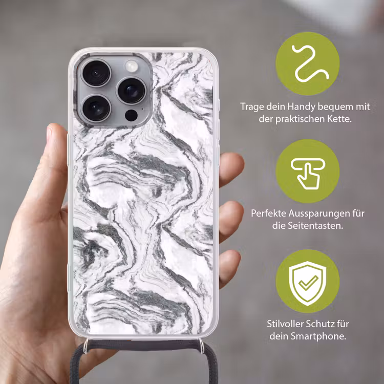 Wit - Marmer - Golvend - Grafiet Hoesje iPhone 16 Pro Max met koord klein 804 -sfeer2_DE