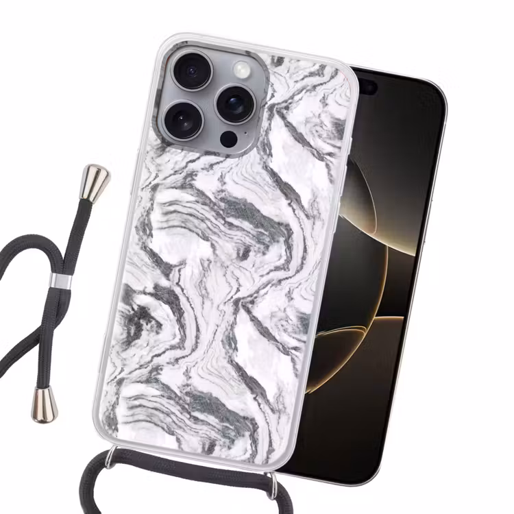 Wit - Marmer - Golvend - Grafiet Hoesje iPhone 16 Pro Max met koord klein 804 -sfeer1