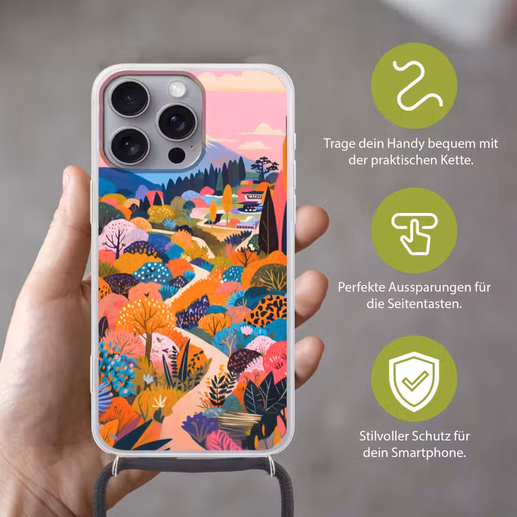 Witte bergtop - Modern - Kleurrijk Hoesje iPhone 16 Pro Max met koord klein -sfeer2_DE