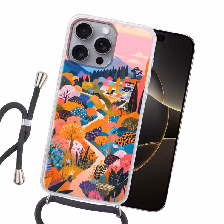 Witte bergtop - Modern - Kleurrijk Hoesje iPhone 16 Pro Max met koord klein -sfeer1