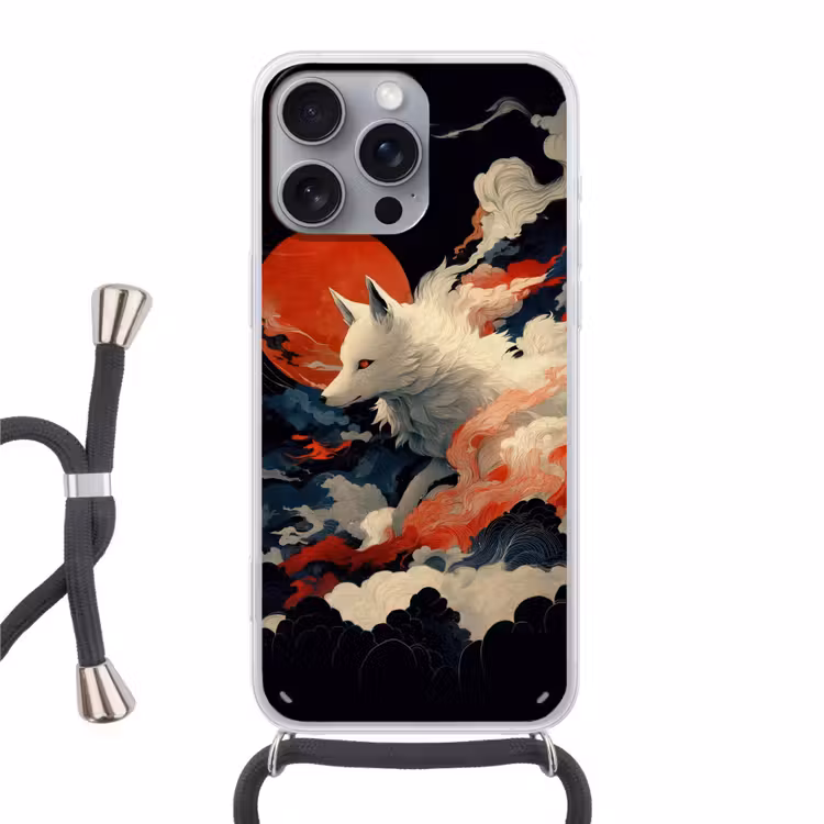 Witte vos - wolken - maan Hoesje iPhone 16 Pro Max met koord klein -3d