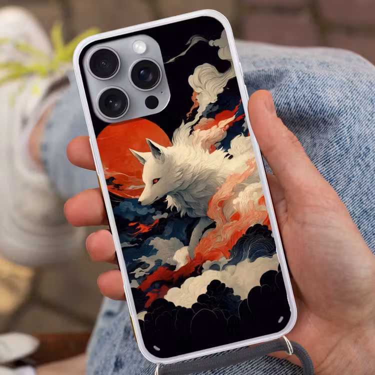 Witte vos - wolken - maan Hoesje iPhone 16 Pro Max met koord klein -sfeer3