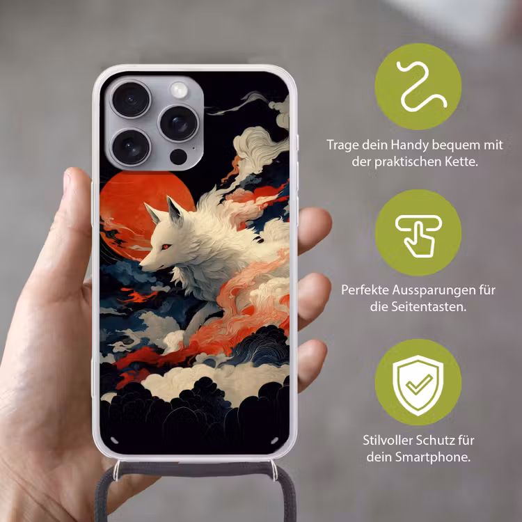 Witte vos - wolken - maan Hoesje iPhone 16 Pro Max met koord klein -sfeer2_DE