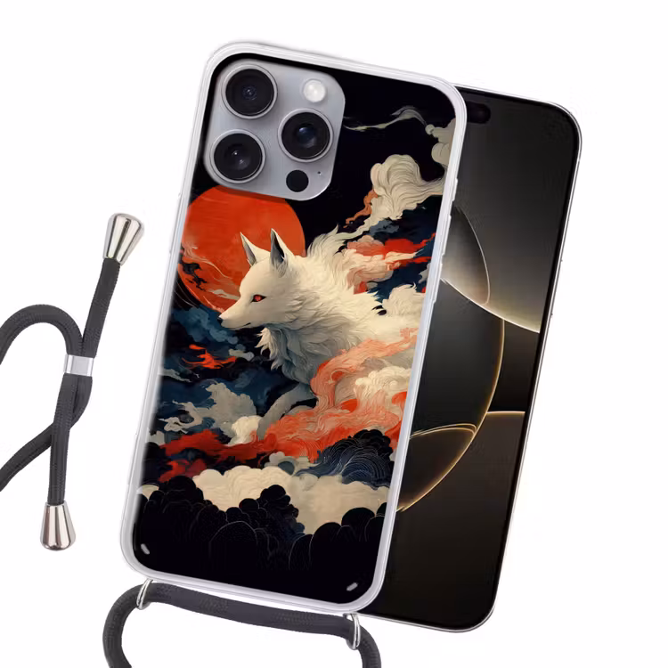 Witte vos - wolken - maan Hoesje iPhone 16 Pro Max met koord klein -sfeer1