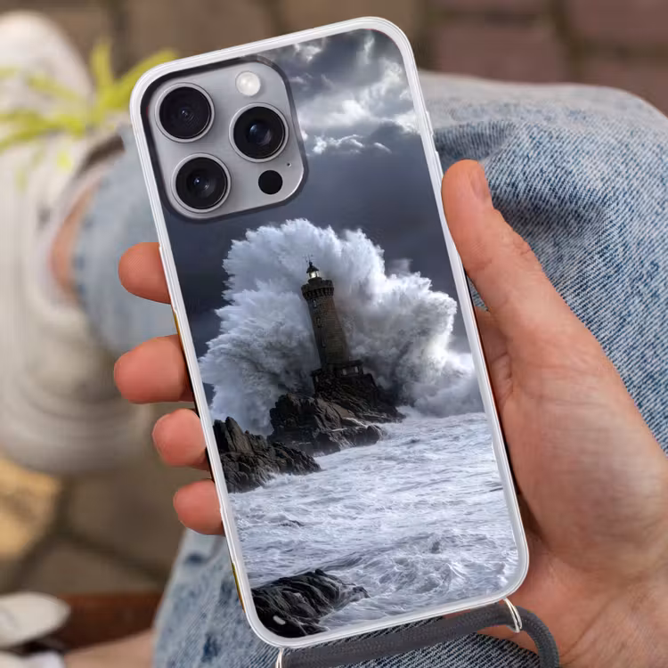Golf - Vuurtoren - Schuimend water Hoesje iPhone 16 Pro Max met koord klein -sfeer3