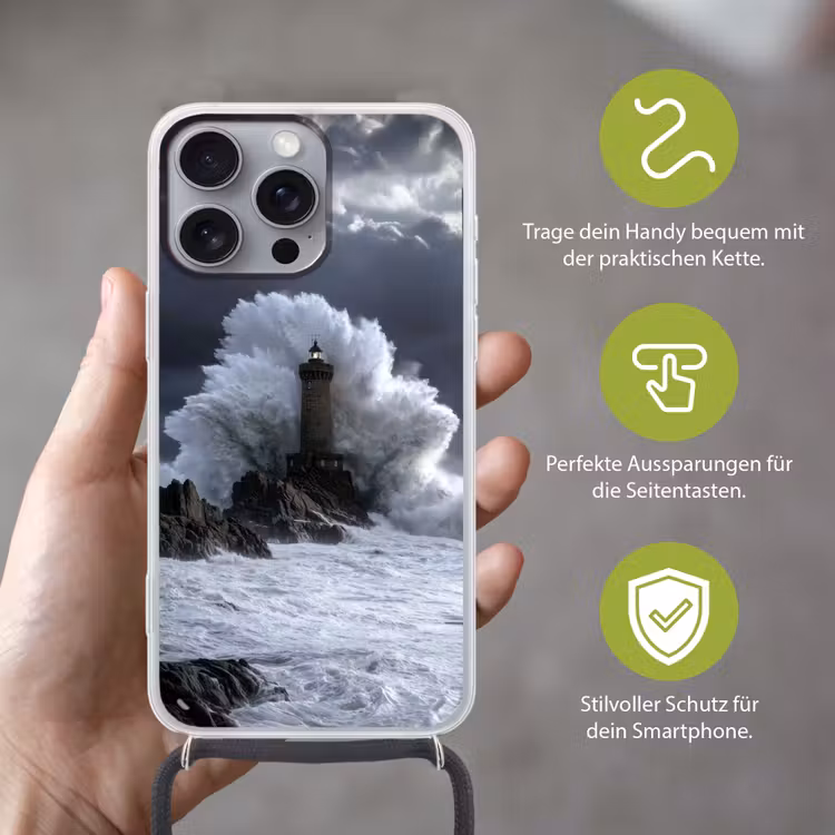 Golf - Vuurtoren - Schuimend water Hoesje iPhone 16 Pro Max met koord klein -sfeer2_DE