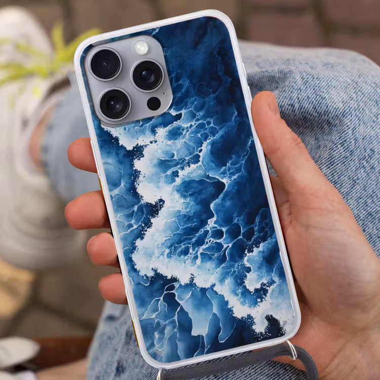 Golven - Blauw - Schuim Hoesje iPhone 16 Pro Max met koord klein -sfeer3
