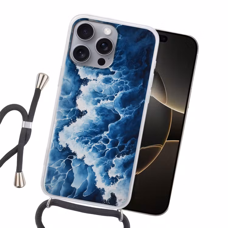 Golven - Blauw - Schuim Hoesje iPhone 16 Pro Max met koord klein -sfeer1