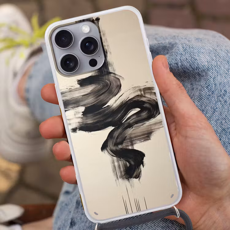 Golven - Penseelstreken - Beige - Minimalistisch Hoesje iPhone 16 Pro Max met koord klein -sfeer3