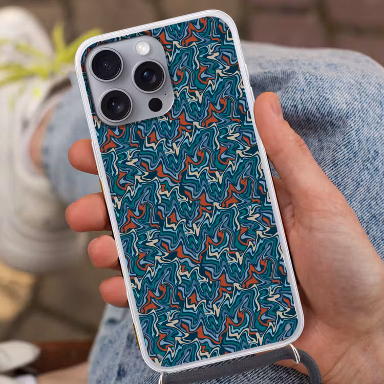 Golven - Retro - Blauw - Patroon Hoesje iPhone 16 Pro Max met koord klein 804 -sfeer3