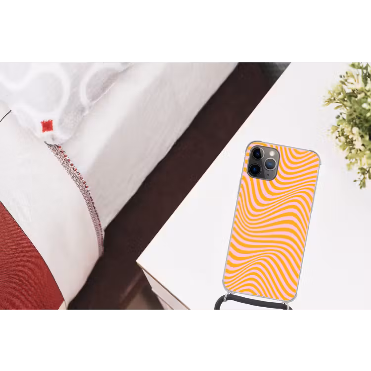 Golvend patroon - Oranje - Roze - Lijnen Hoesje iPhone 12 Pro met koord klein -kamer